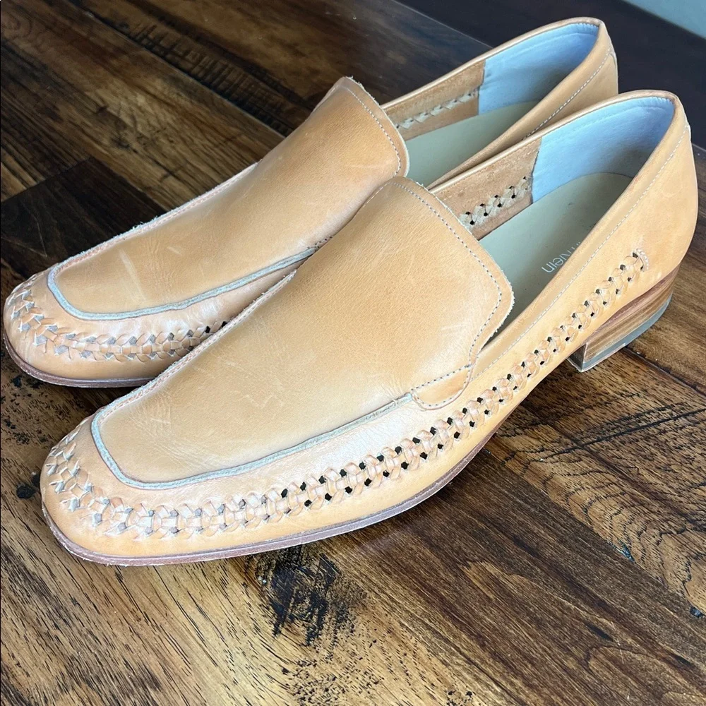 Calvin Klein Men’s 12 Tan Leather Loafers Weaved Beachy